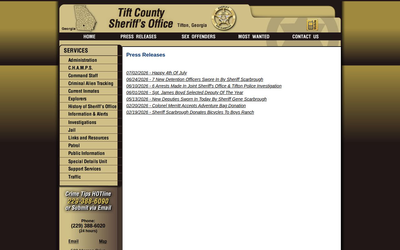 Tift County release and custody news on sheriff press page