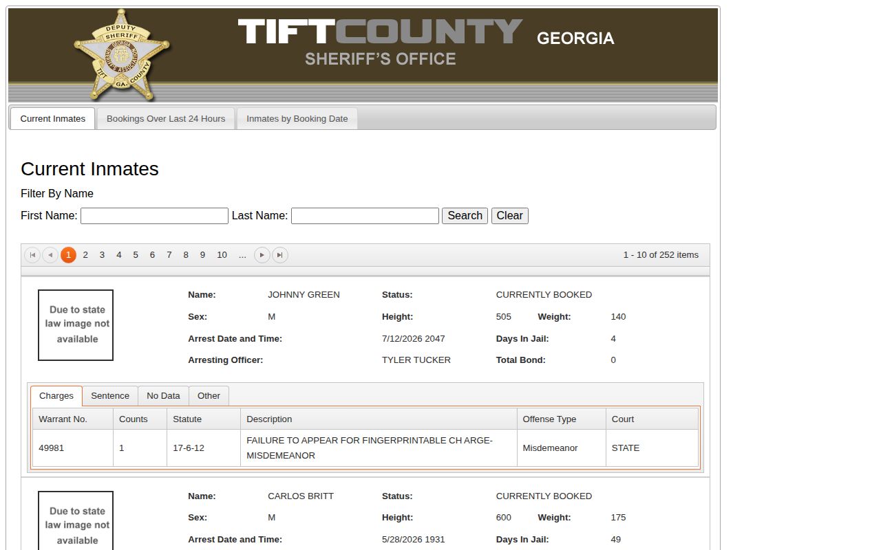 Tift County 24-hour booking and recent release search controls