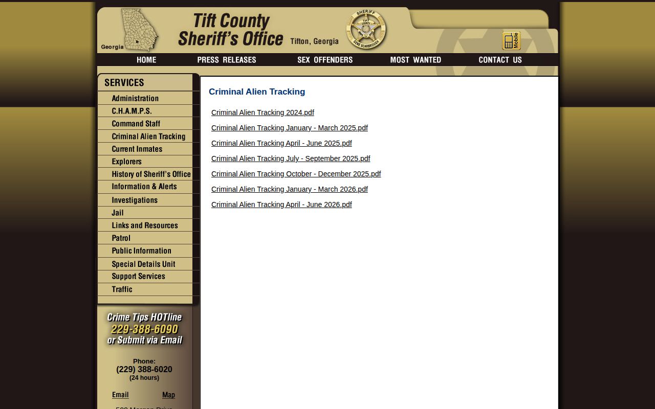 Tift County 72-hour release transfer context from sheriff tracking page